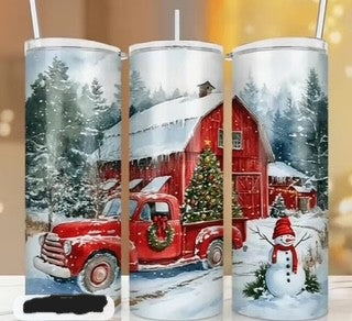 20oz Skinny Tumbler- Christmas Red Truck & Barn