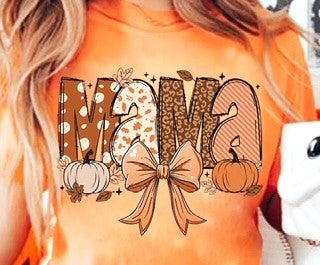 Mama in Fall Print with Orange Bow and Pupkins