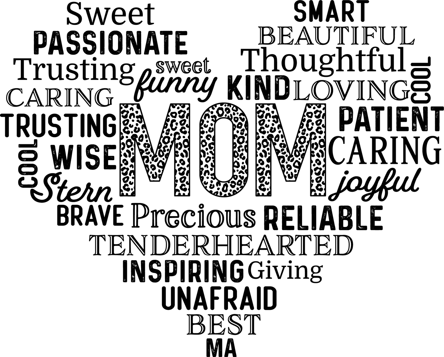 Mom Heart Shaped Adjectives in black ink