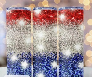 20oz Skinny Tumbler- Red, White, Blue Sparkle