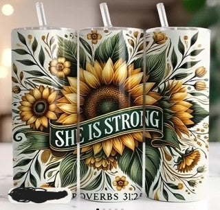 20oz Skinny Tumbler- She is Strong with Sunflowers
