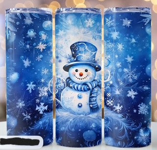 20oz Skinny Tumbler- Blue Snowman & Snowflakes