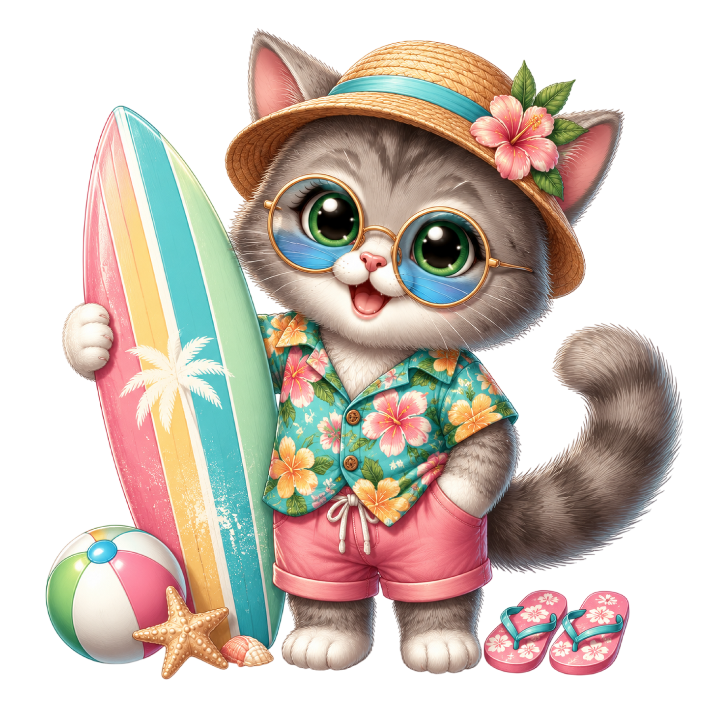 Summer Whimsical Cat Surfer