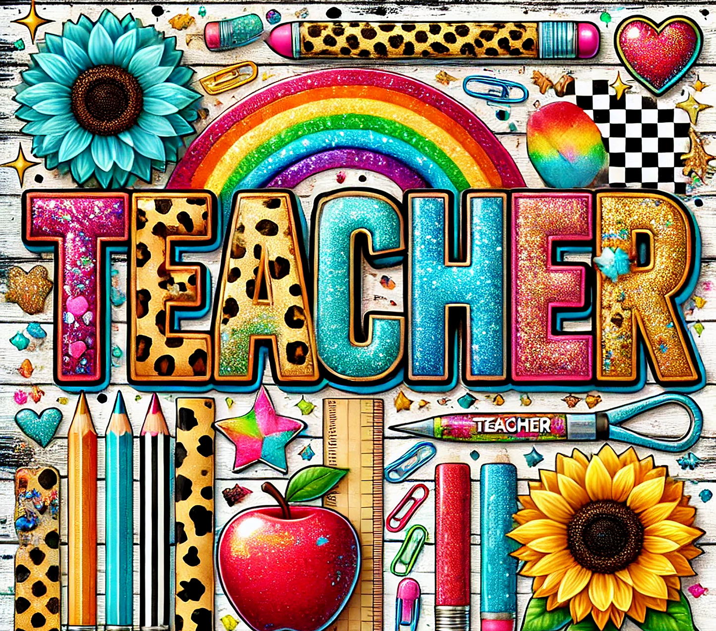 20oz Skinny Tumbler- TEACHER Cheetah print, Sunflower, Pencils, Rainbow