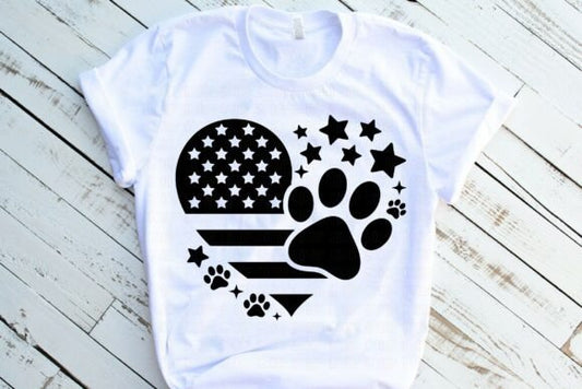 Patriotic Heart with Flag and Paw Print (black ink)