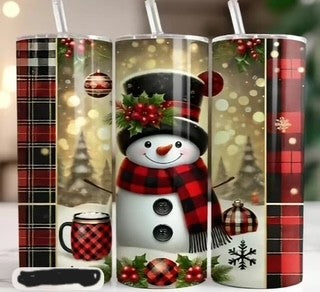 20oz Skinny Tumbler- with Snowman Cranberries plaid