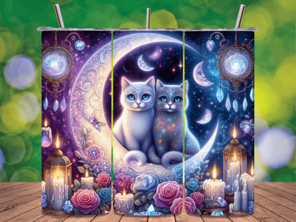 20oz Skinny Tumbler- Cute Cats Moon Rose