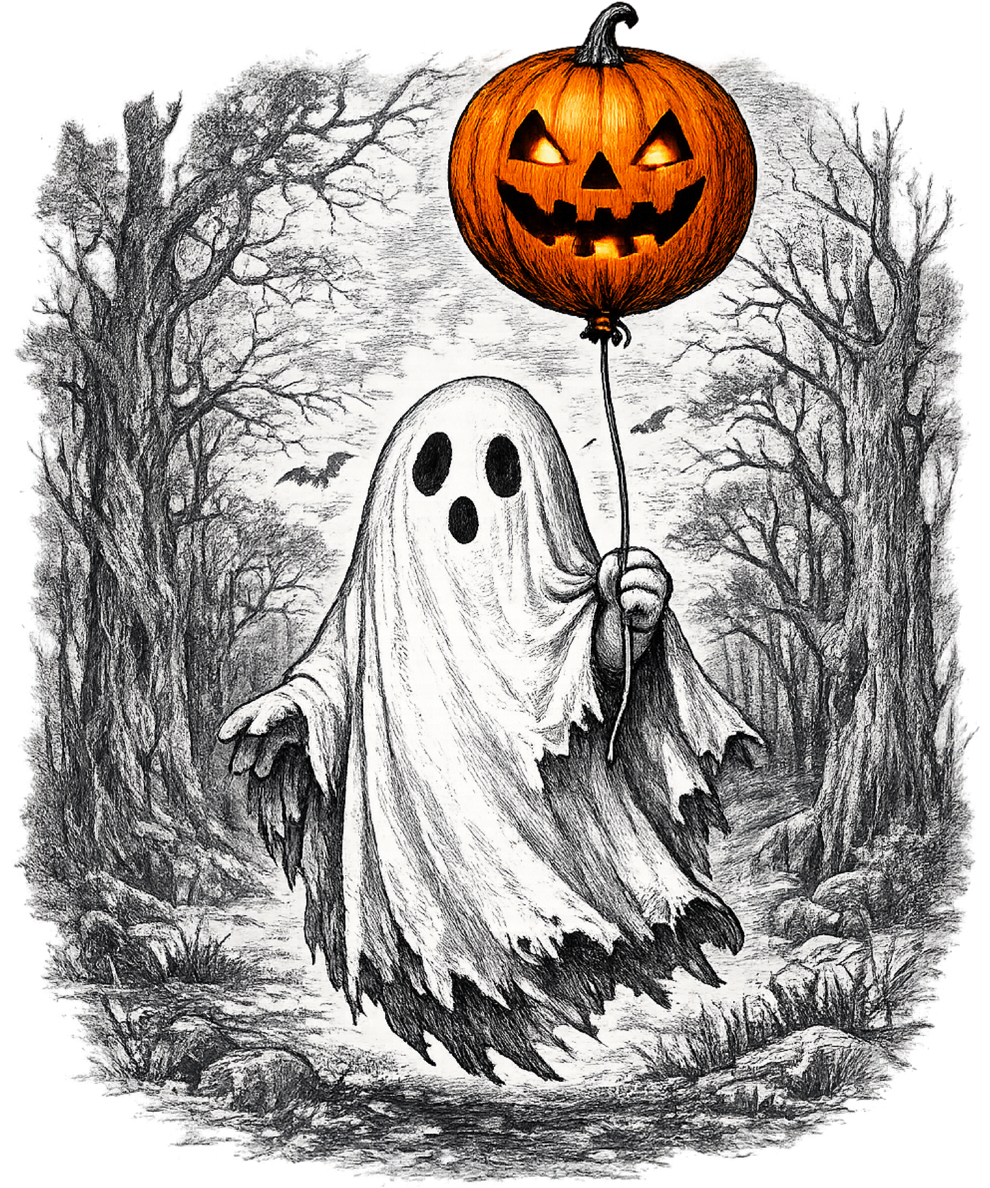 Spooky Ghost Holding a Jack O' Lantern Balloon