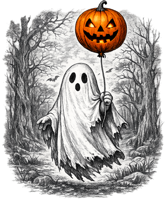 Spooky Ghost Holding a Jack O' Lantern Balloon