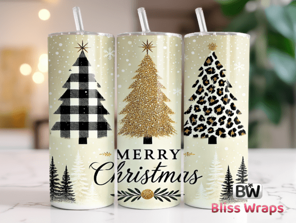 20oz Skinny Tumbler- Merry Christmas Trees in gold cheetah and plaid