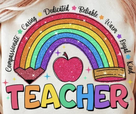Teacher with Rainbow Pencil and an Apple Glitter