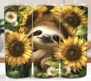 20oz Skinny Tumbler- Sloth in Sunflowers