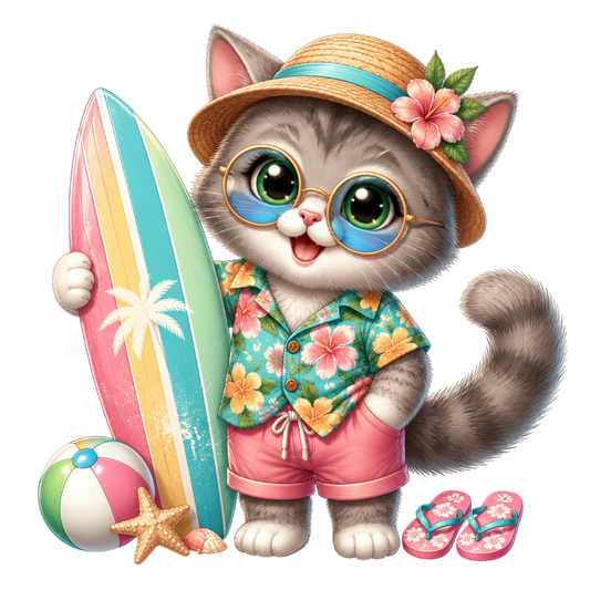 Summer Whimsical Cat Surfer