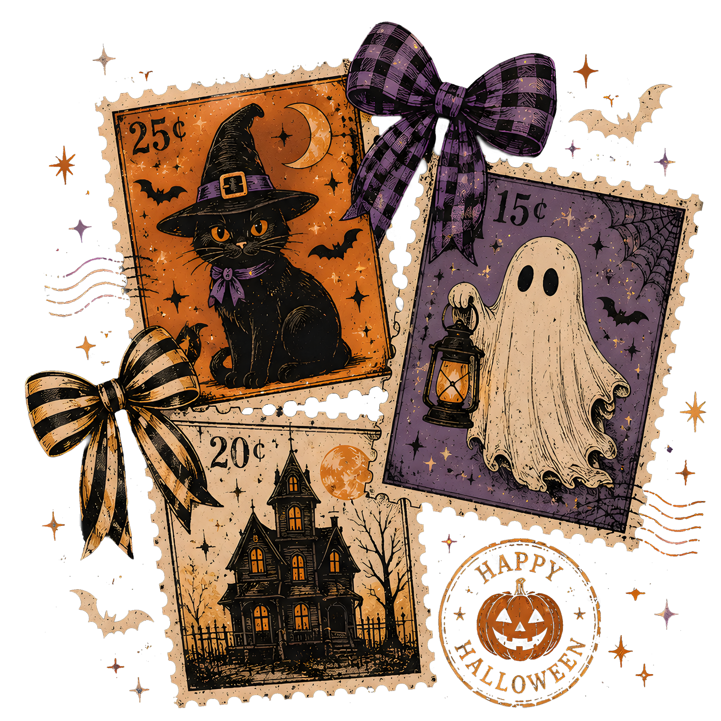 Vintage Halloween Stamps- Cat, Ghost, Haunted House