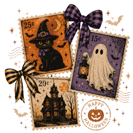 Vintage Halloween Stamps- Cat, Ghost, Haunted House